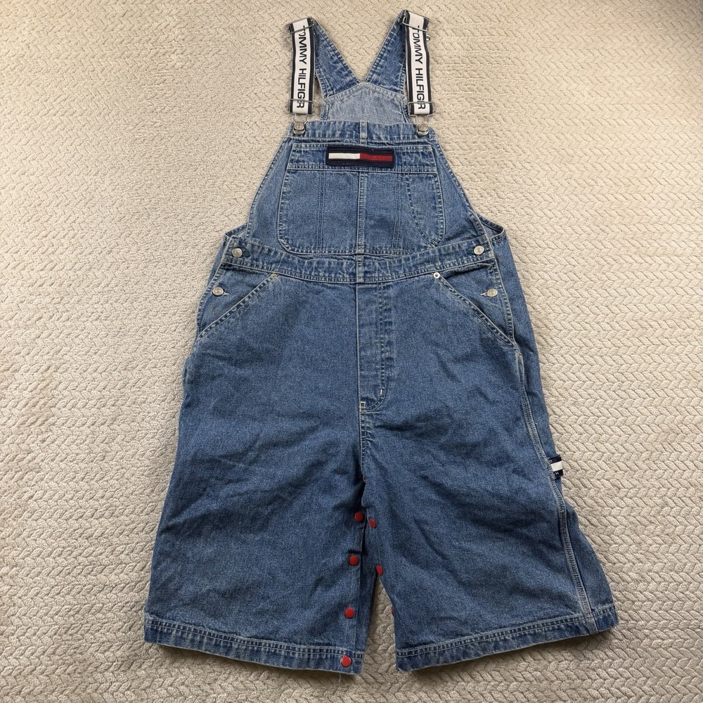 Vintage Tommy Hilfiger Denim Shortalls Womens Large Blue Logo Straps 90s Y2K